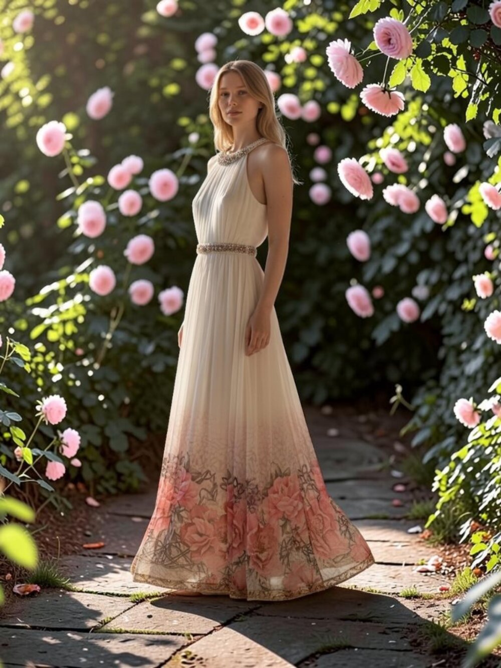 Boston Proper Cream Maxi Dress with Pink Floral Hem and Beaded Accents